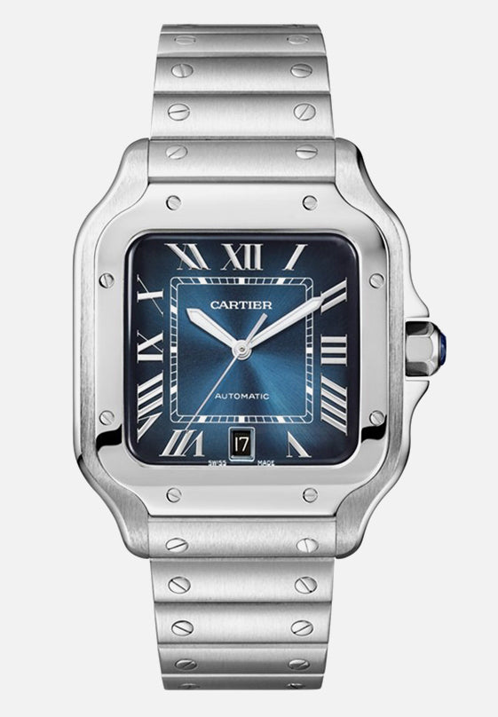 Cartier Santos Blue Dial Mens Watch 39.8mm Steel Bracelet WSSA0030